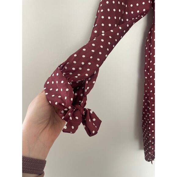 Zara Satin Polka Dot Tunic Top XS Burgundy Hi Low Button Up Blouse Tie Sleeve - Picture 5 of 11